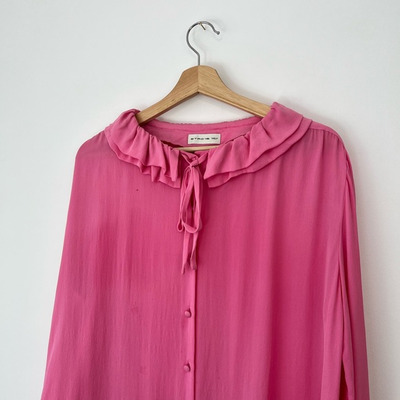 Etro Pink 100% Silk Ruffled Neckline Oversized Button Up Tie Blouse UK L - Picture 3 of 15